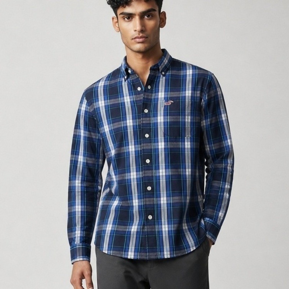 Hollister California Men's‎ Blue Plaid Cotton Button Down Shirt Large
